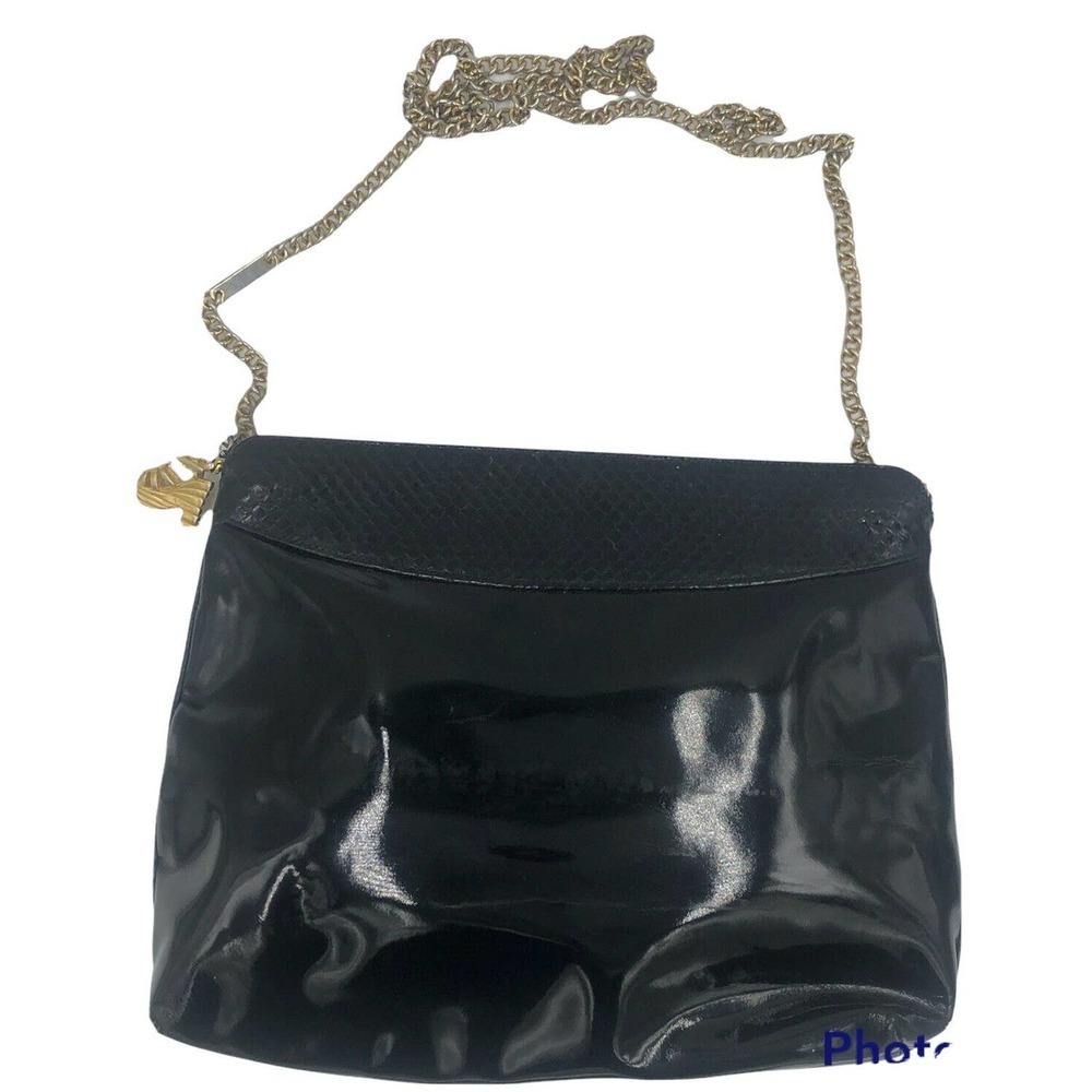 Vintage Salvatore Ferragamo Chain Shoulder Bag Black Patent Snakeskins P210067